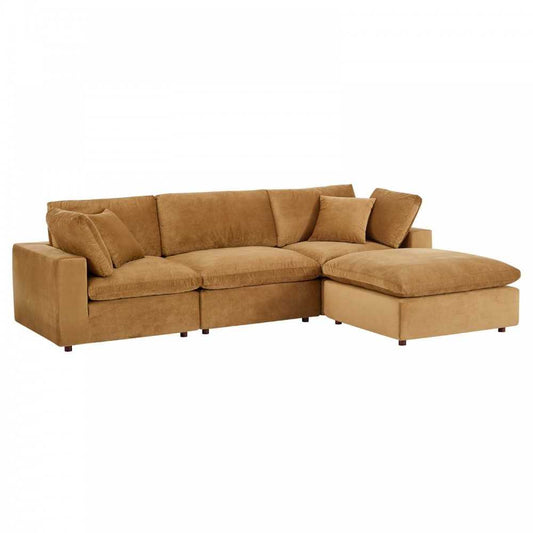 Commix Down Filled Overstuffed Performance Velvet 4-Piece Sectional Sofa, Cognac