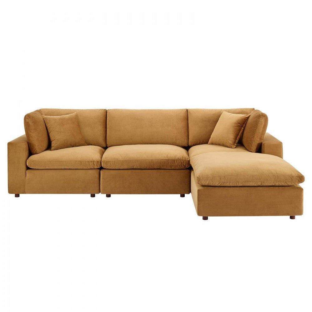 Commix Down Filled Overstuffed Performance Velvet 4-Piece Sectional Sofa, Cognac