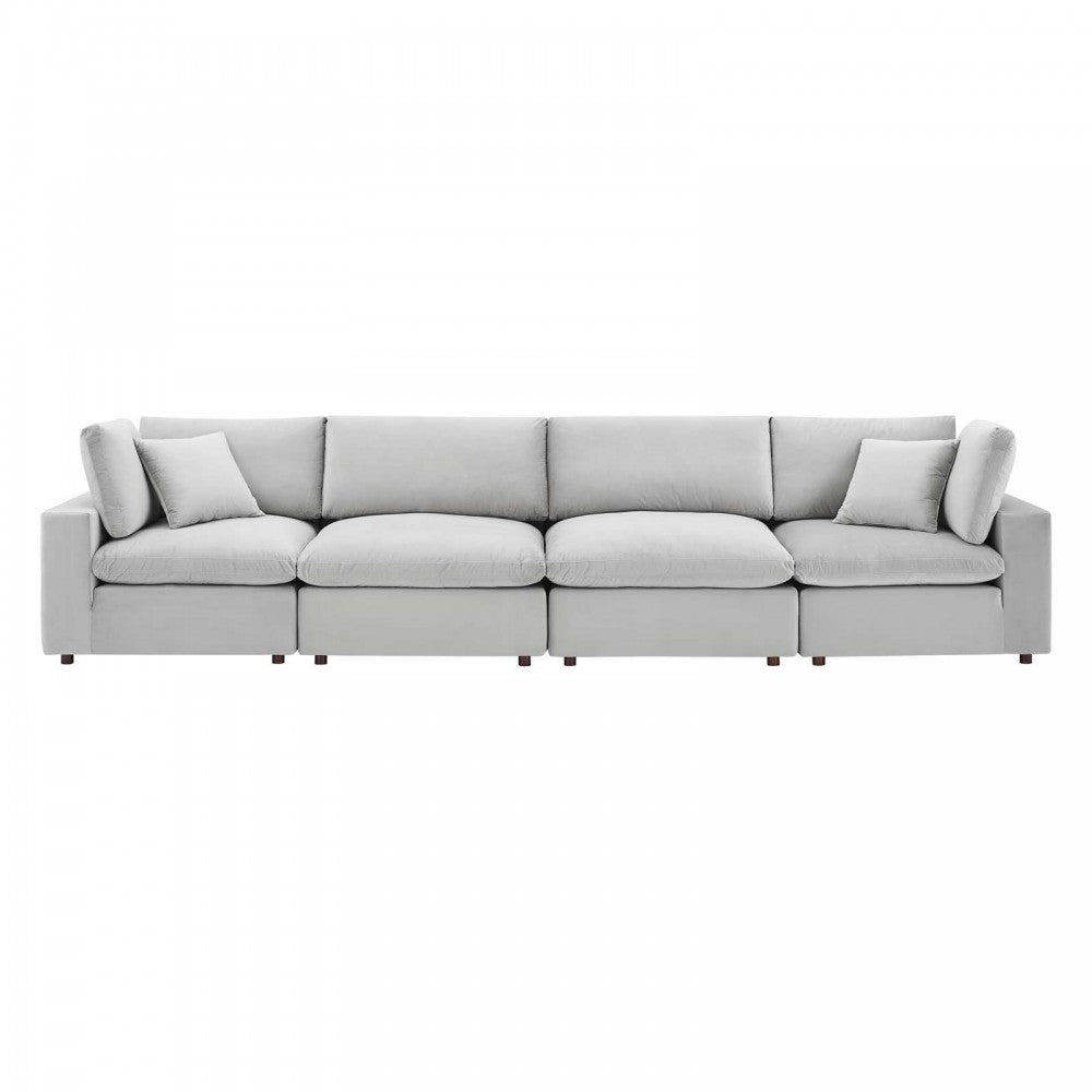 Commix Down Filled Overstuffed Performance Velvet 4-Seater Sofa, Light Gray