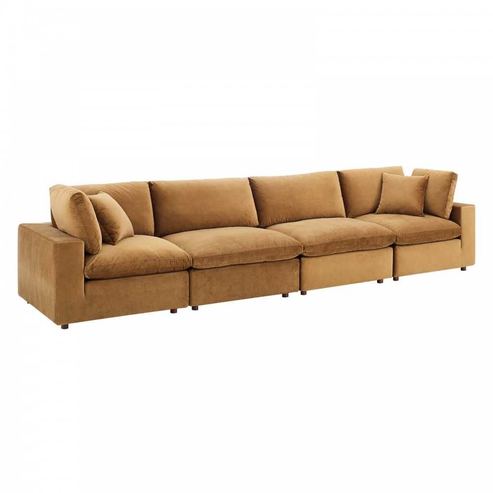 Commix Down Filled Overstuffed Performance Velvet 4-Seater Sofa, Cognac