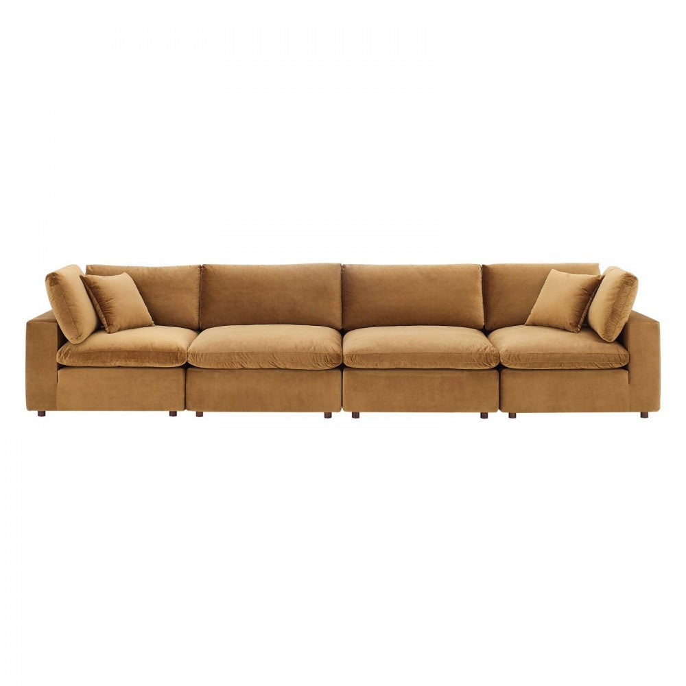 Commix Down Filled Overstuffed Performance Velvet 4-Seater Sofa, Cognac