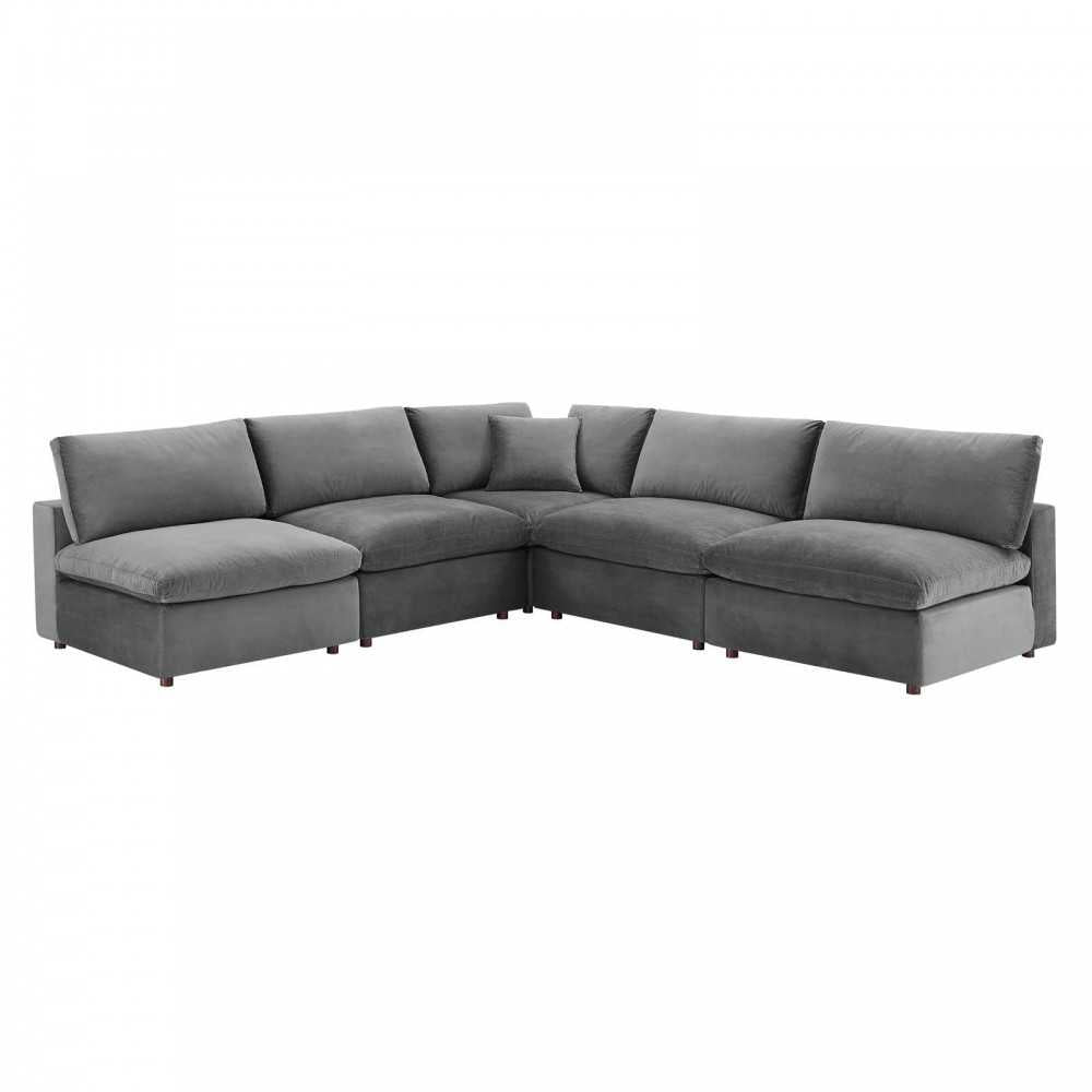 Commix Down Filled Overstuffed Performance Velvet 5-Piece Sectional Sofa, Gray, EEI-4822-GRY