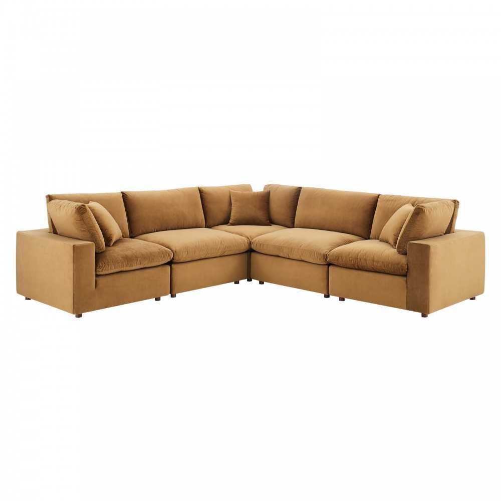 Commix Down Filled Overstuffed Performance Velvet 5-Piece Sectional Sofa, Cognac, EEI-4823-COG