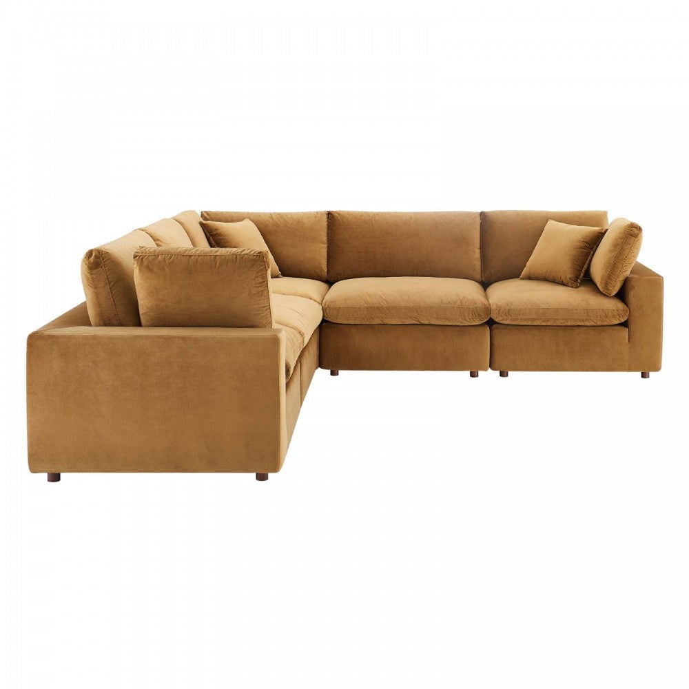 Commix Down Filled Overstuffed Performance Velvet 5-Piece Sectional Sofa, Cognac, EEI-4823-COG