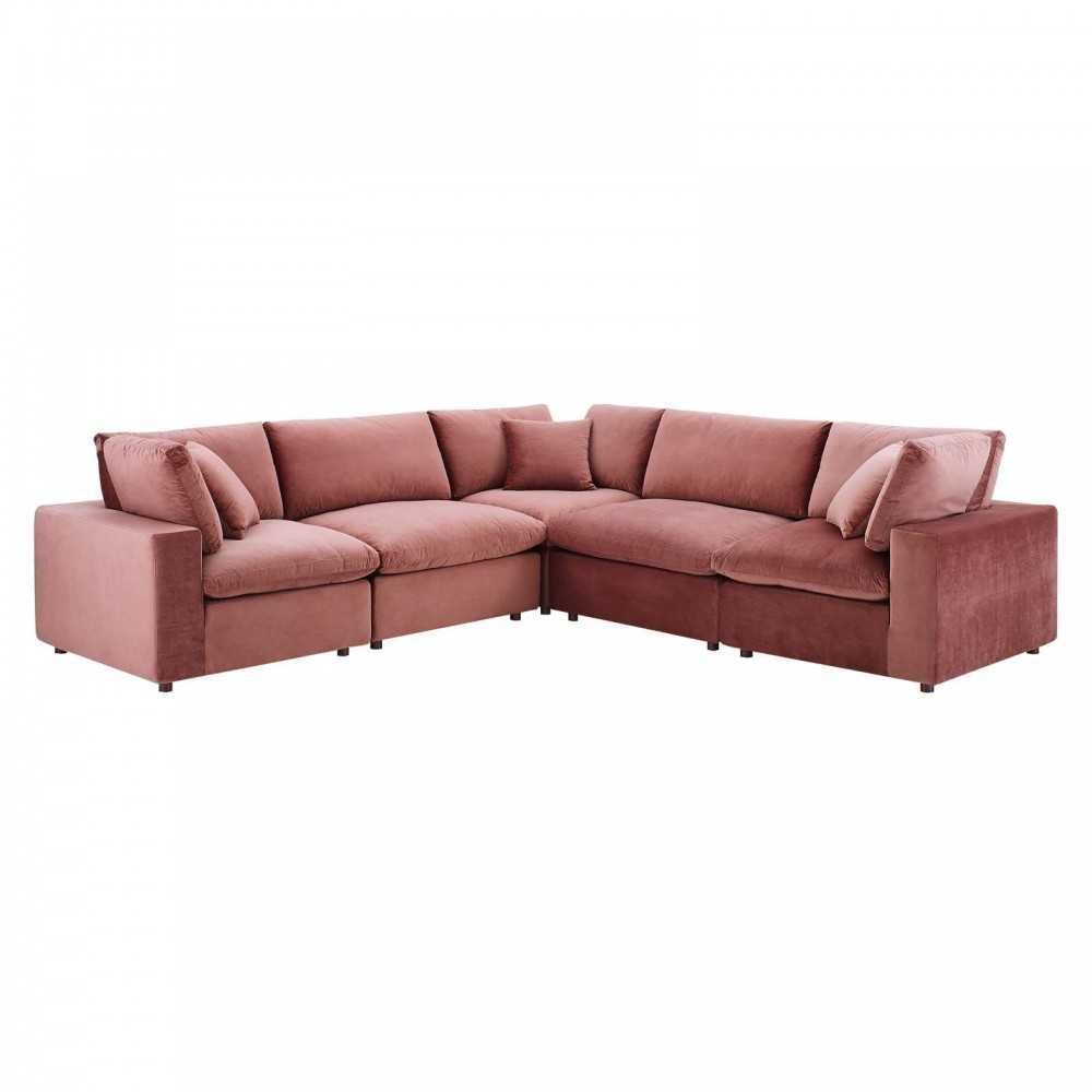 Commix Down Filled Overstuffed Performance Velvet 5-Piece Sectional Sofa, Dusty Rose, EEI-4823-DUS