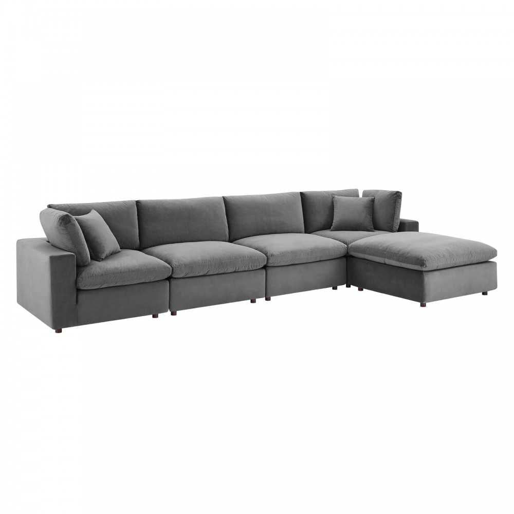 Commix Down Filled Overstuffed Performance Velvet 5-Piece Sectional Sofa, Gray, EEI-4820-GRY