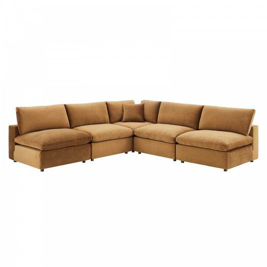 Commix Down Filled Overstuffed Performance Velvet 5-Piece Sectional Sofa, Cognac, EEI-4822-COG