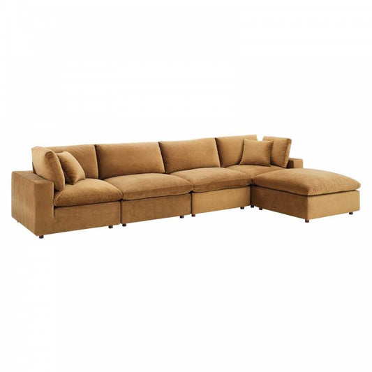 Commix Down Filled Overstuffed Performance Velvet 5-Piece Sectional Sofa, Cognac, EEI-4820-COG