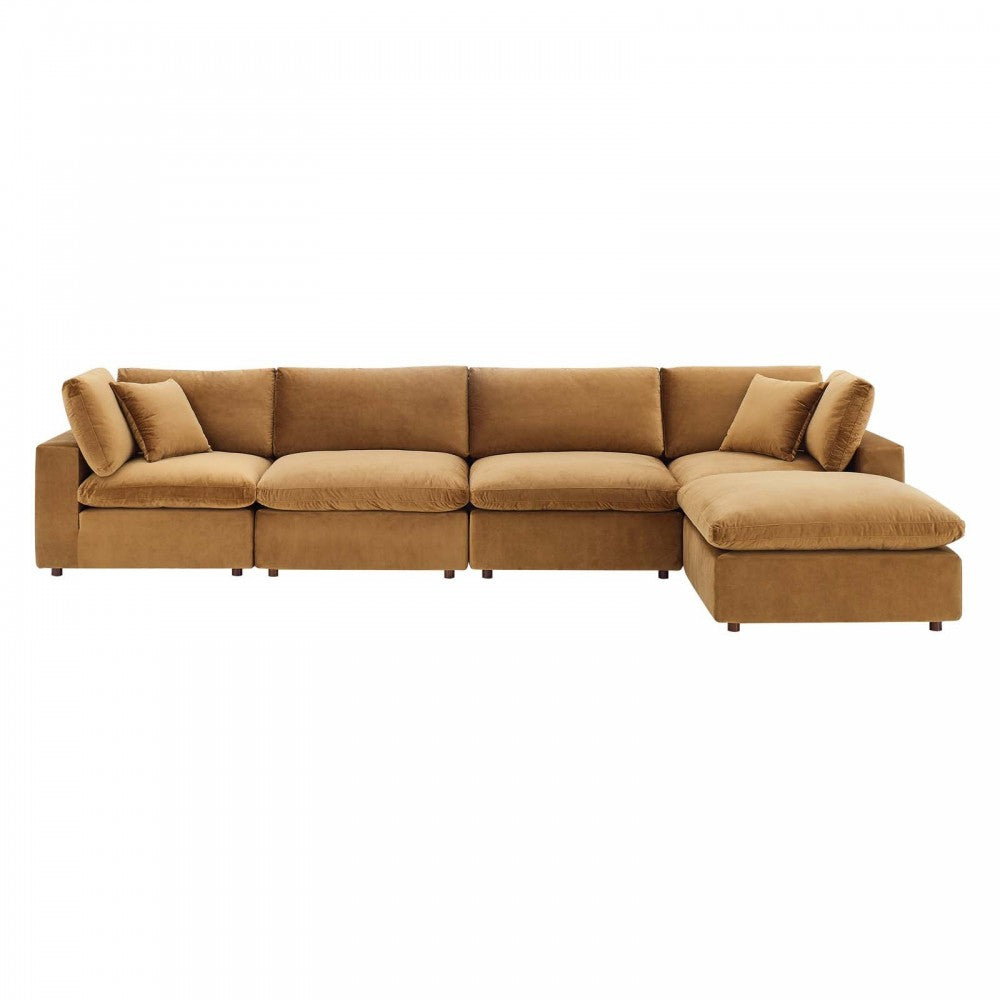 Commix Down Filled Overstuffed Performance Velvet 5-Piece Sectional Sofa, Cognac, EEI-4820-COG