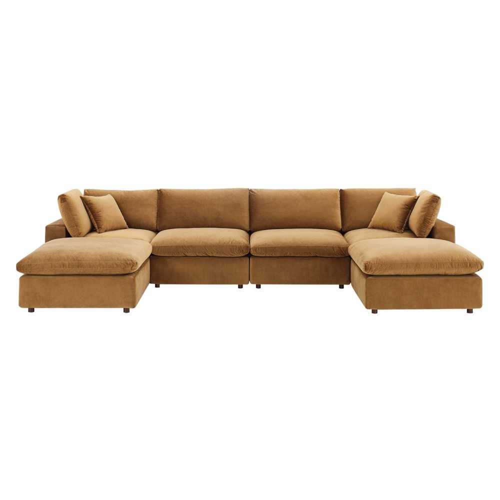 Commix Down Filled Overstuffed Performance Velvet 6-Piece Sectional Sofa, Cognac, EEI-4821-COG