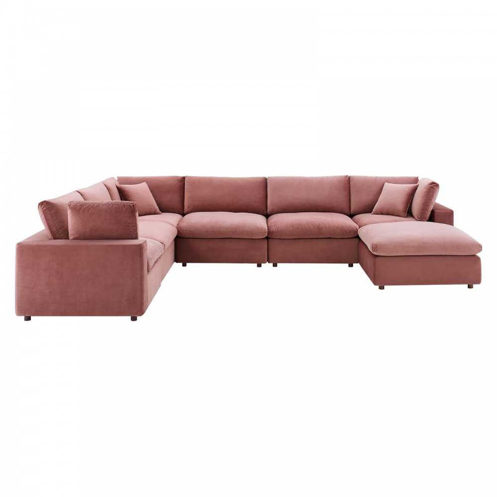 Commix Down Filled Overstuffed Performance Velvet 7-Piece Sectional Sofa, Dusty Rose