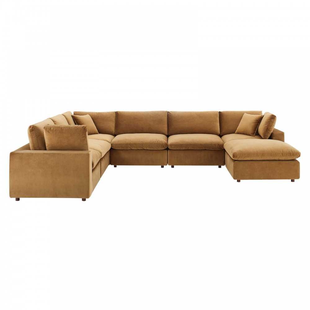 Commix Down Filled Overstuffed Performance Velvet 7-Piece Sectional Sofa, Cognac