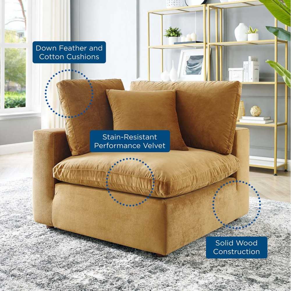 Commix Down Filled Overstuffed Performance Velvet Corner Chair, Cognac