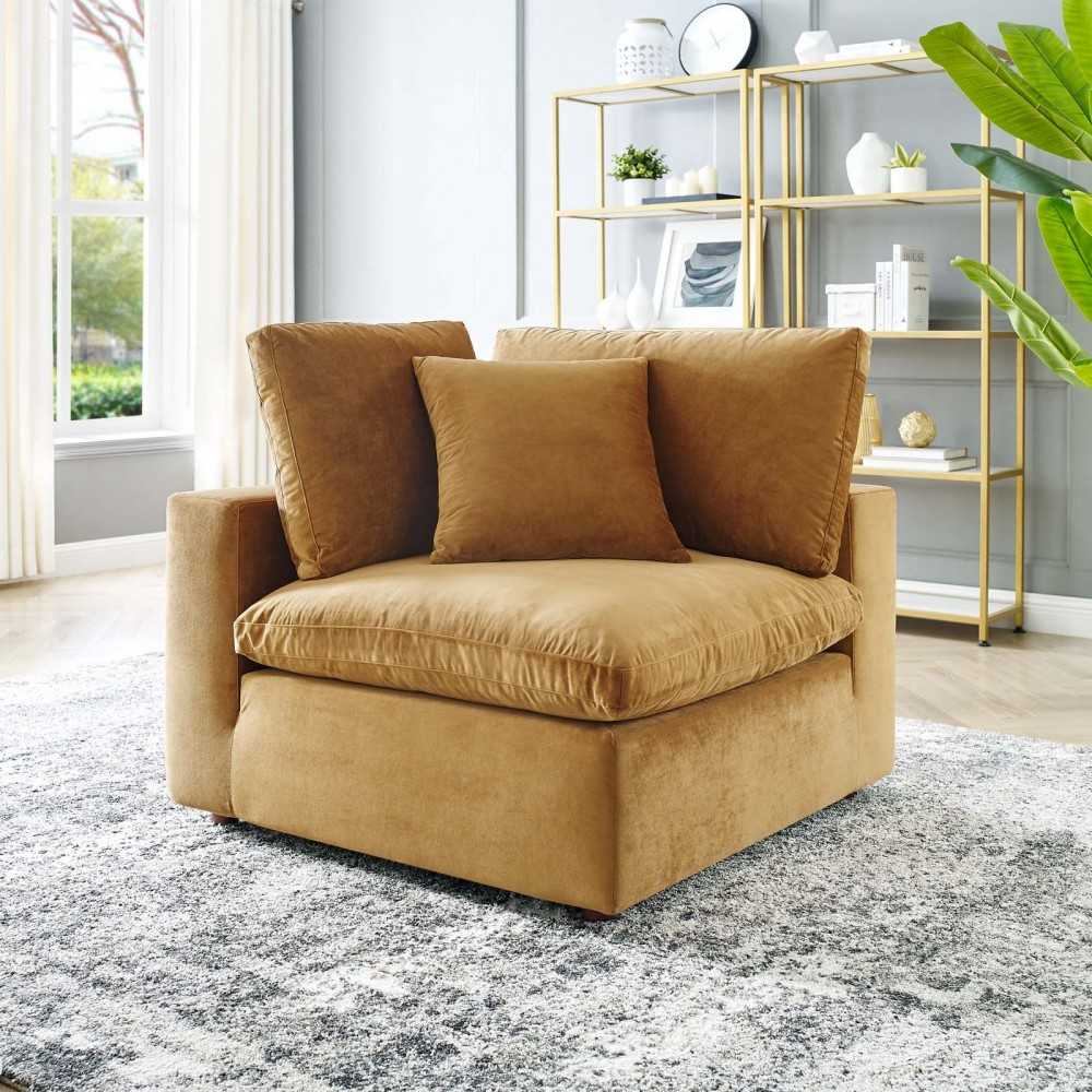 Commix Down Filled Overstuffed Performance Velvet Corner Chair, Cognac