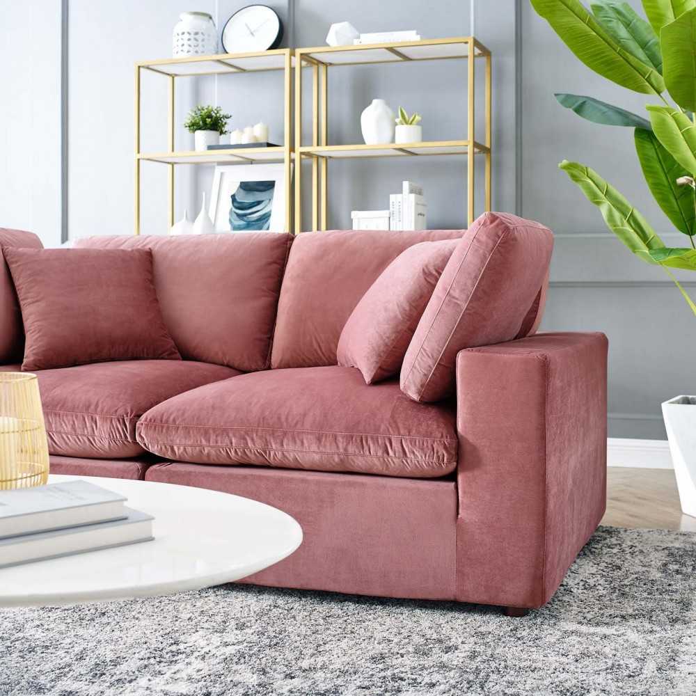 Commix Down Filled Overstuffed Performance Velvet Loveseat, Dusty Rose