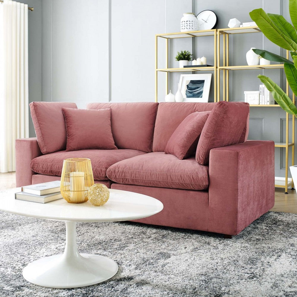 Commix Down Filled Overstuffed Performance Velvet Loveseat, Dusty Rose