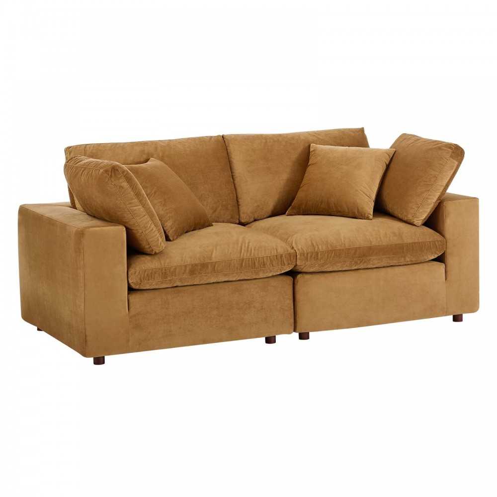 Commix Down Filled Overstuffed Performance Velvet Loveseat, Cognac