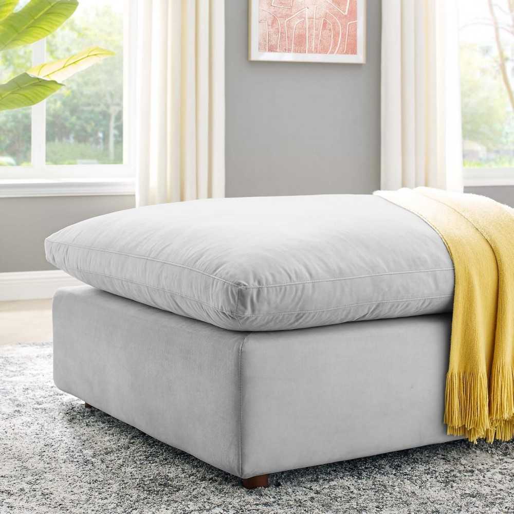 Commix Down Filled Overstuffed Performance Velvet Ottoman, Light Gray