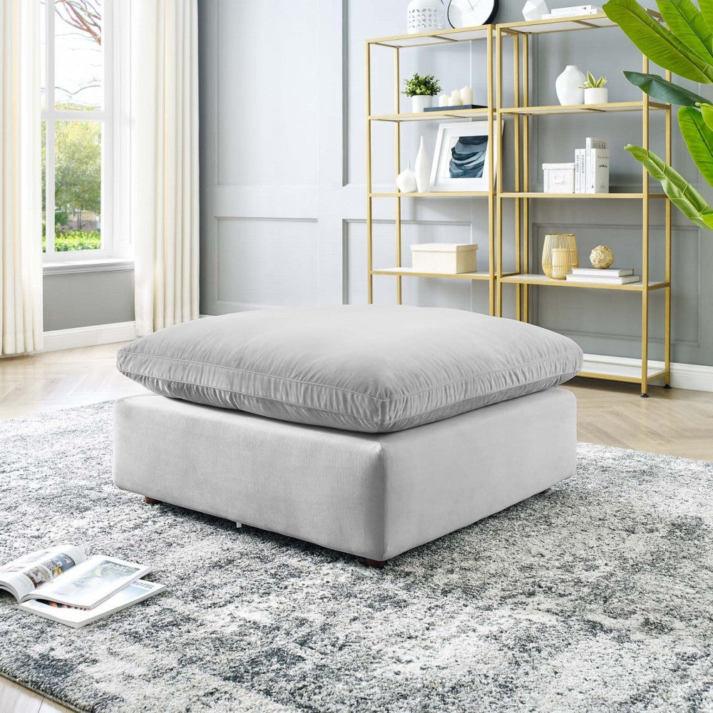Commix Down Filled Overstuffed Performance Velvet Ottoman, Light Gray