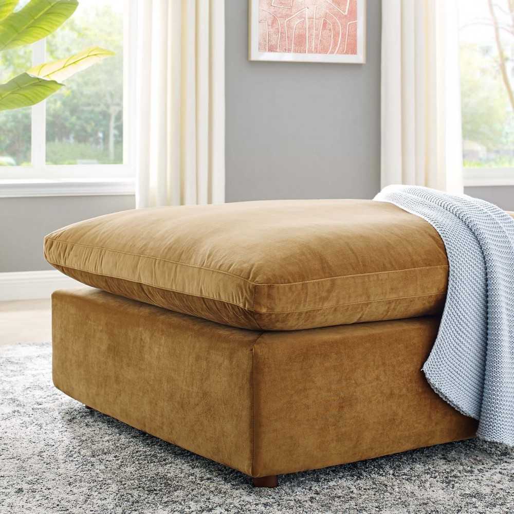 Commix Down Filled Overstuffed Performance Velvet Ottoman, Cognac