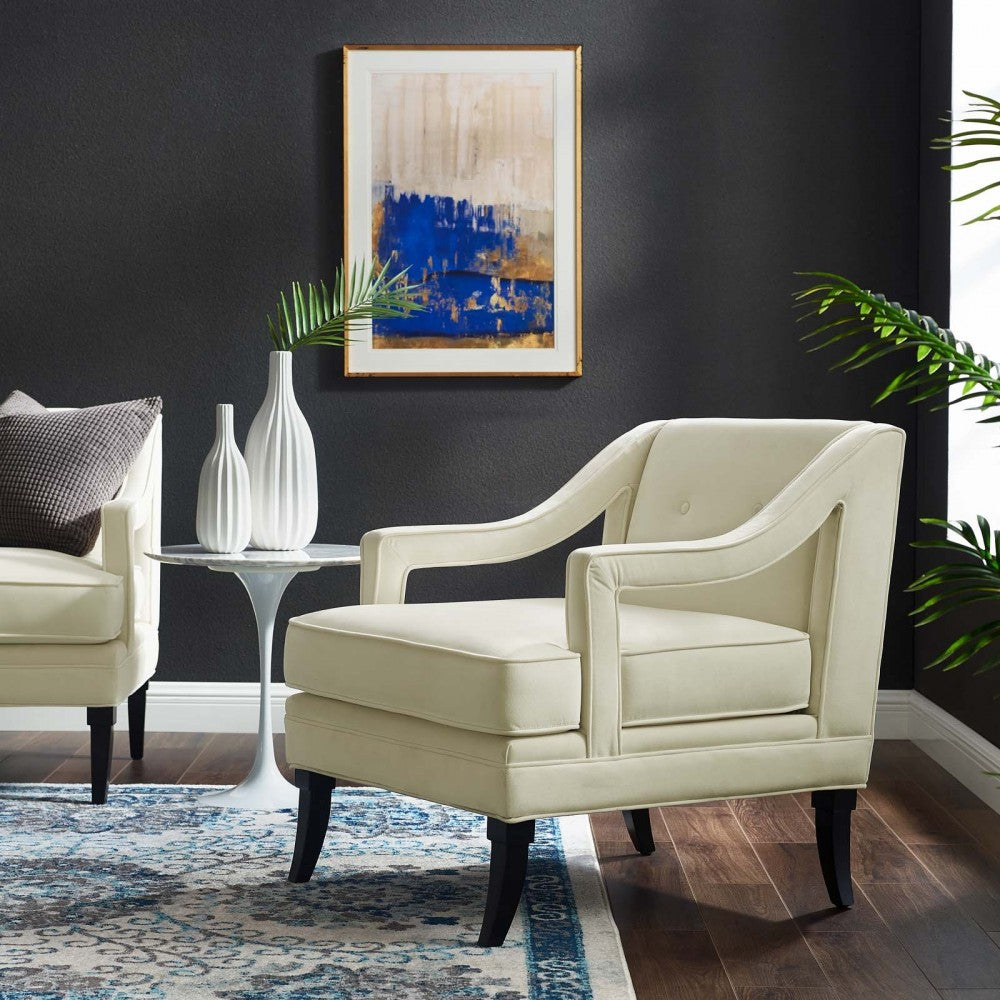 Concur Button Tufted Performance Velvet Armchair, Ivory
