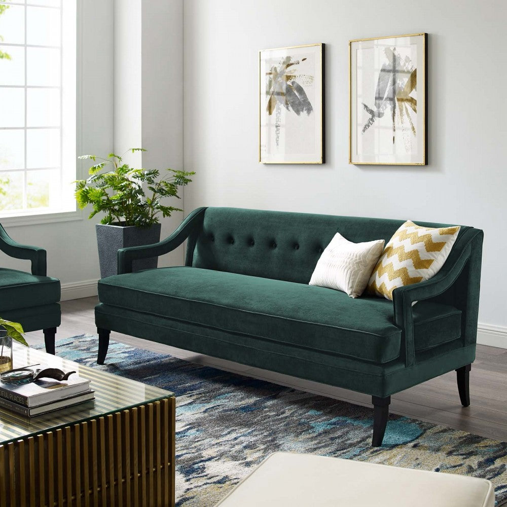 Concur Button Tufted Performance Velvet Sofa, Green