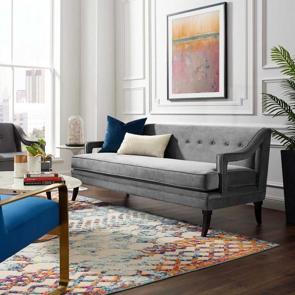 Concur Button Tufted Performance Velvet Sofa, Gray