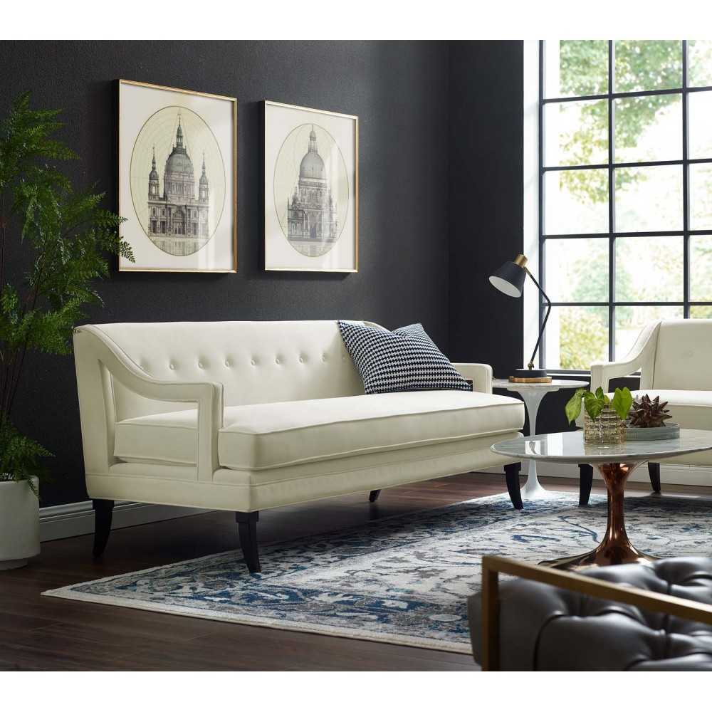 Concur Button Tufted Performance Velvet Sofa, Ivory