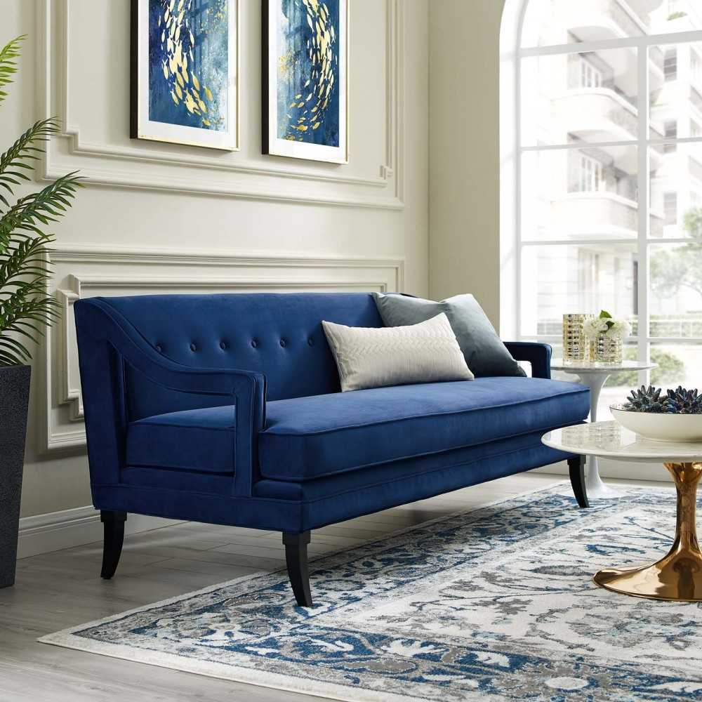 Concur Button Tufted Performance Velvet Sofa, Navy