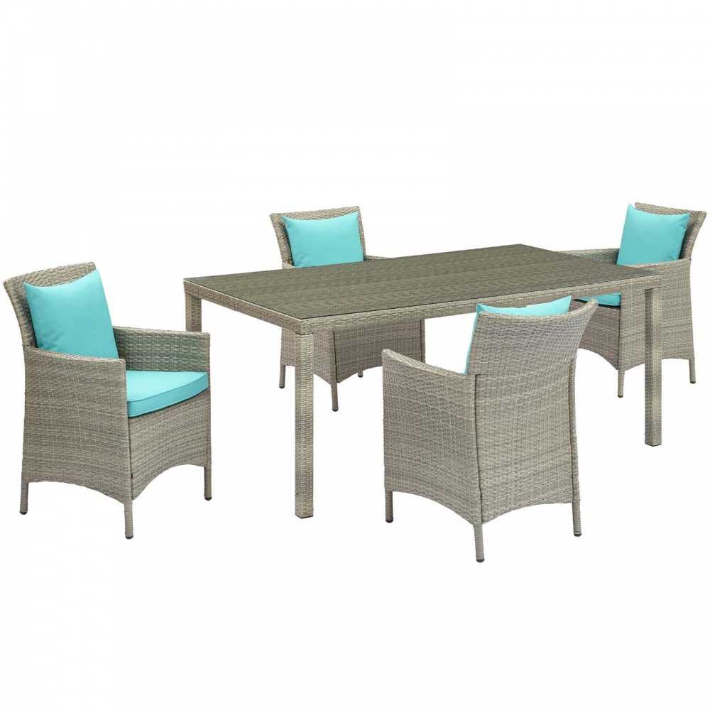 Conduit 5 Piece Outdoor Patio Wicker Rattan Dining Set, Light Gray Turquoise