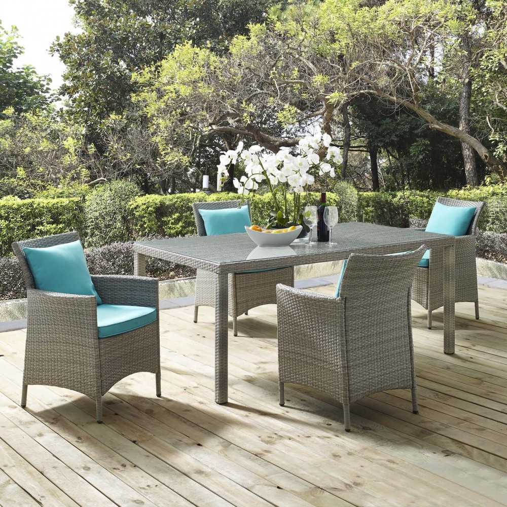 Conduit 5 Piece Outdoor Patio Wicker Rattan Dining Set, Light Gray Turquoise