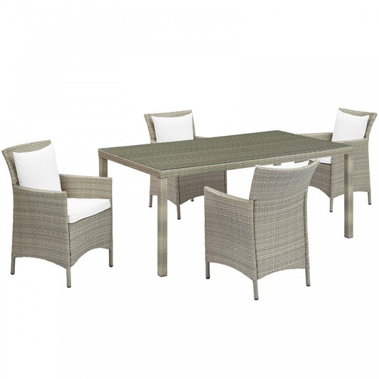 Conduit 5 Piece Outdoor Patio Wicker Rattan Dining Set, Light Gray White