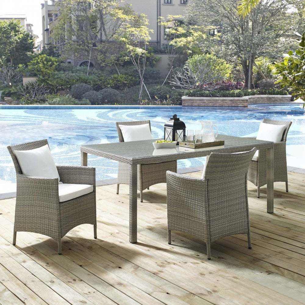 Conduit 5 Piece Outdoor Patio Wicker Rattan Dining Set, Light Gray White