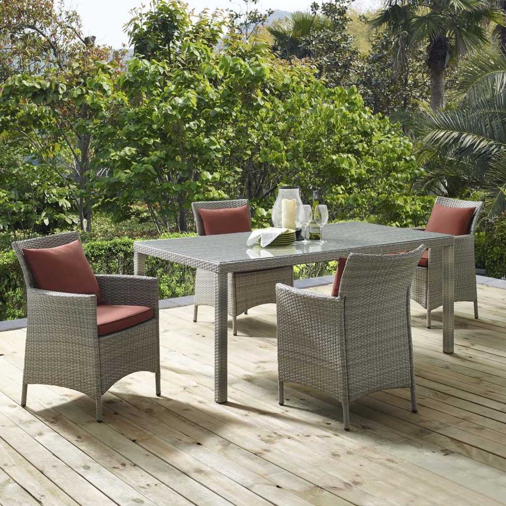 Conduit 5 Piece Outdoor Patio Wicker Rattan Dining Set, Light Gray Currant