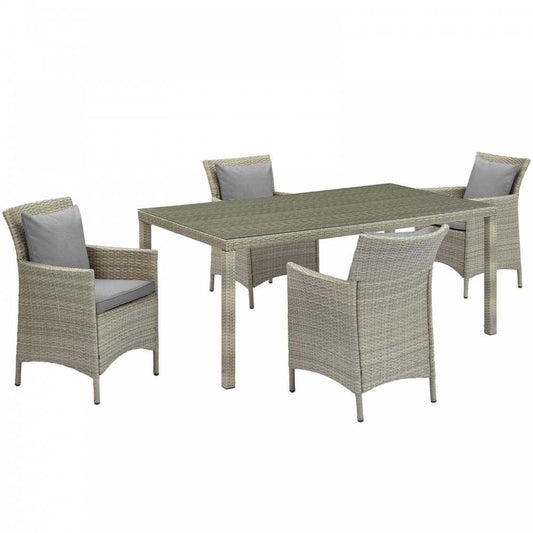 Conduit 5 Piece Outdoor Patio Wicker Rattan Dining Set, Light Gray Gray