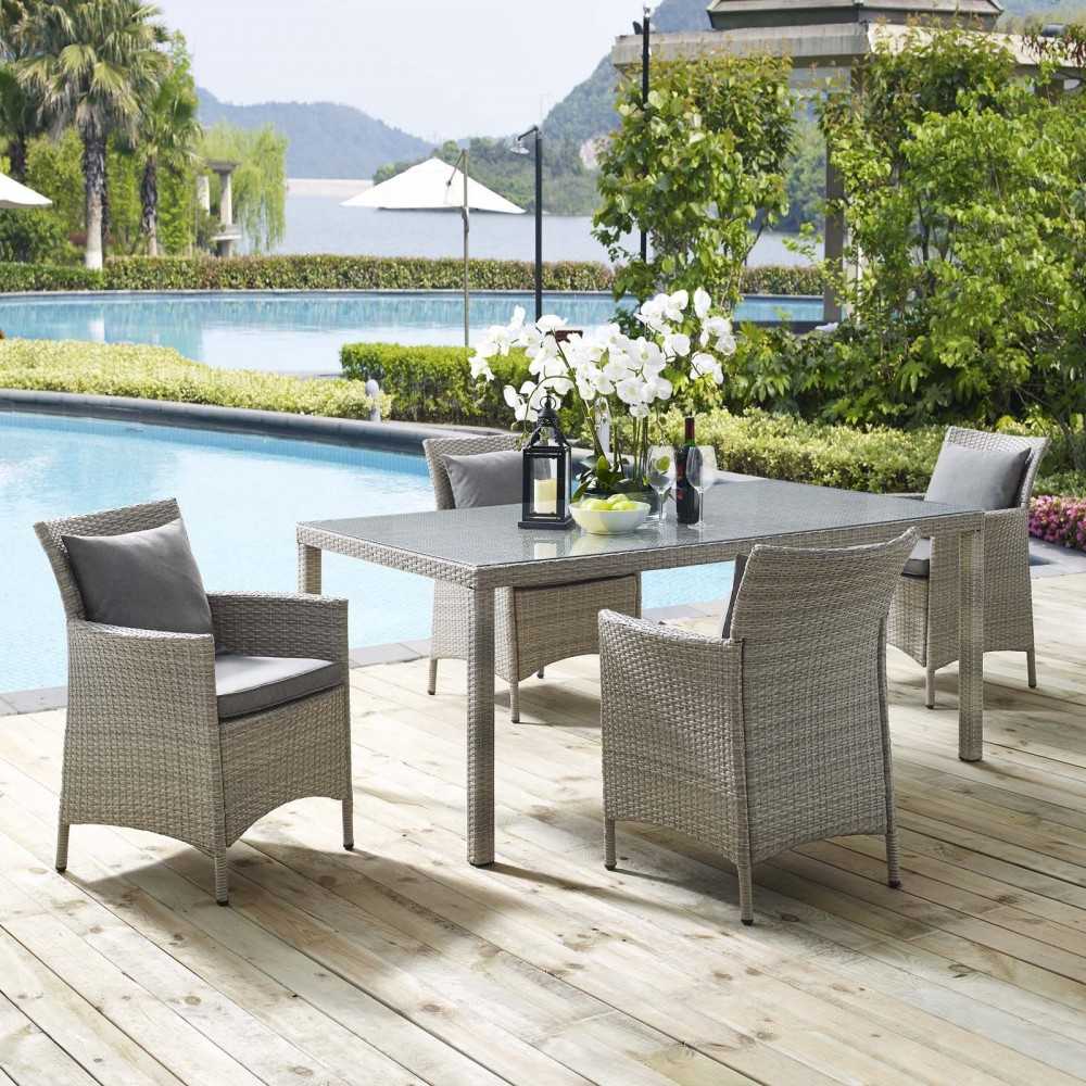 Conduit 5 Piece Outdoor Patio Wicker Rattan Dining Set, Light Gray Gray