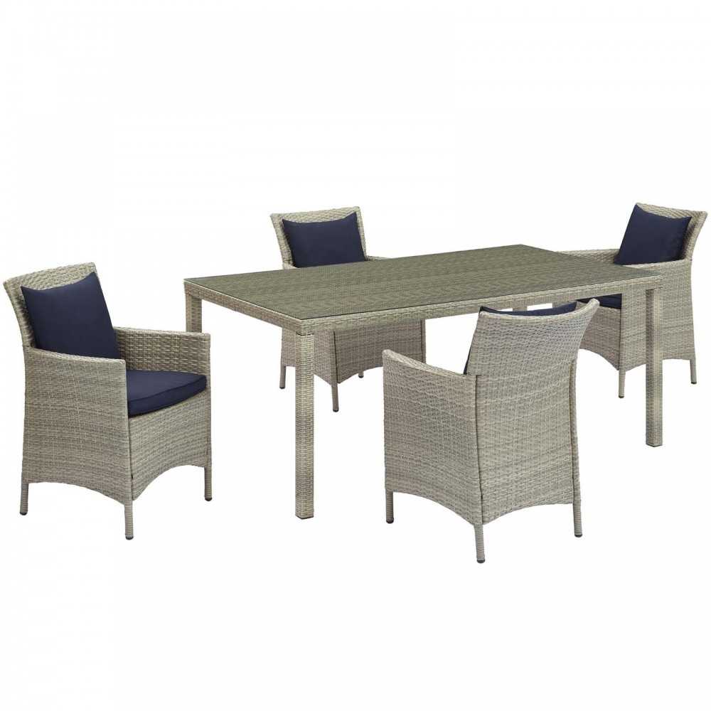 Conduit 5 Piece Outdoor Patio Wicker Rattan Dining Set, Light Gray Navy