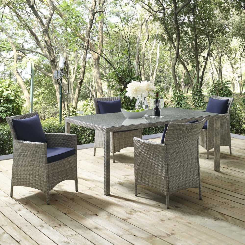 Conduit 5 Piece Outdoor Patio Wicker Rattan Dining Set, Light Gray Navy