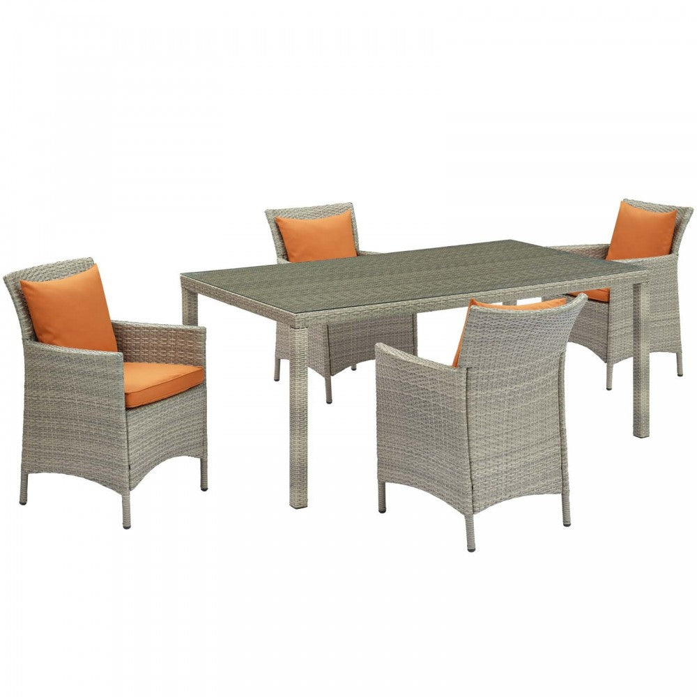 Conduit 5 Piece Outdoor Patio Wicker Rattan Dining Set, Light Gray Orange