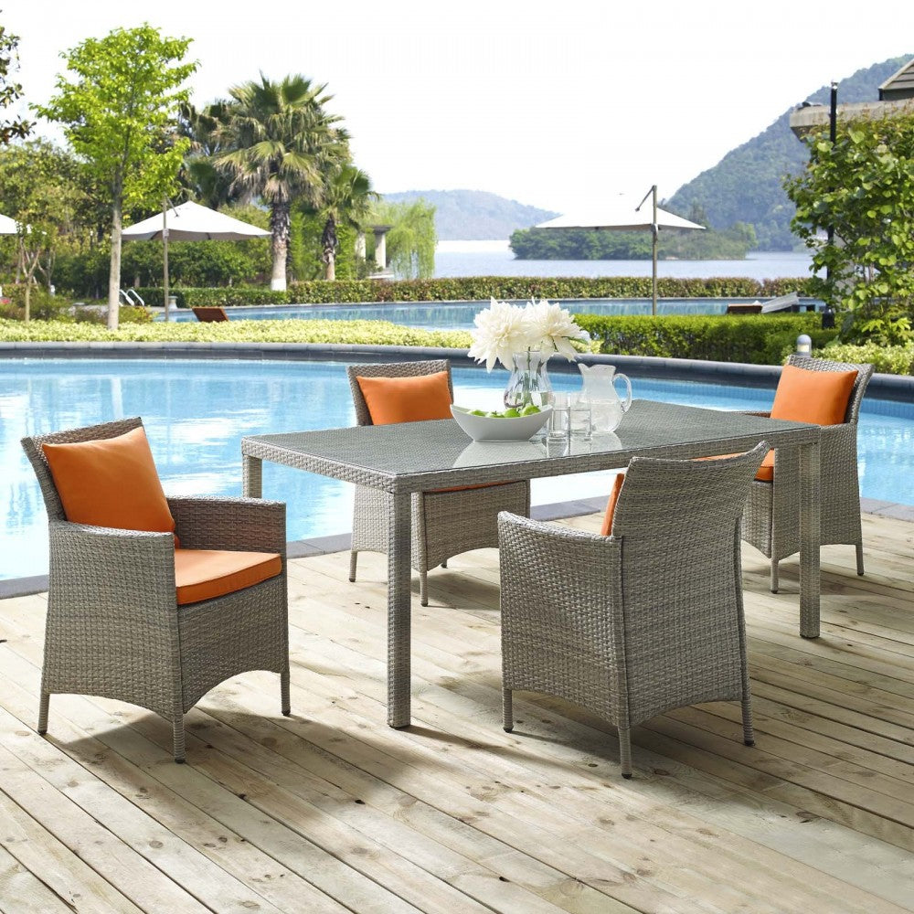 Conduit 5 Piece Outdoor Patio Wicker Rattan Dining Set, Light Gray Orange