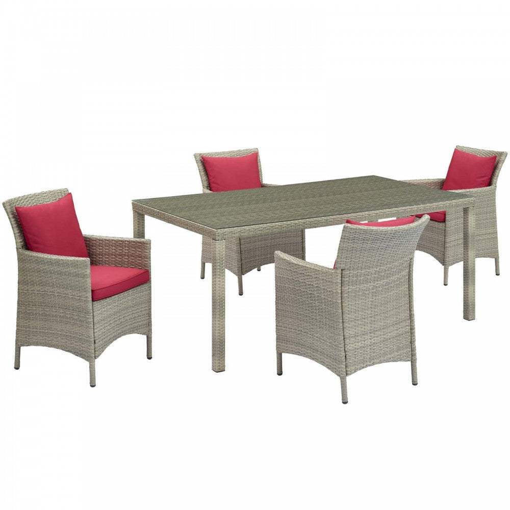 Conduit 5 Piece Outdoor Patio Wicker Rattan Dining Set, Light Gray Red