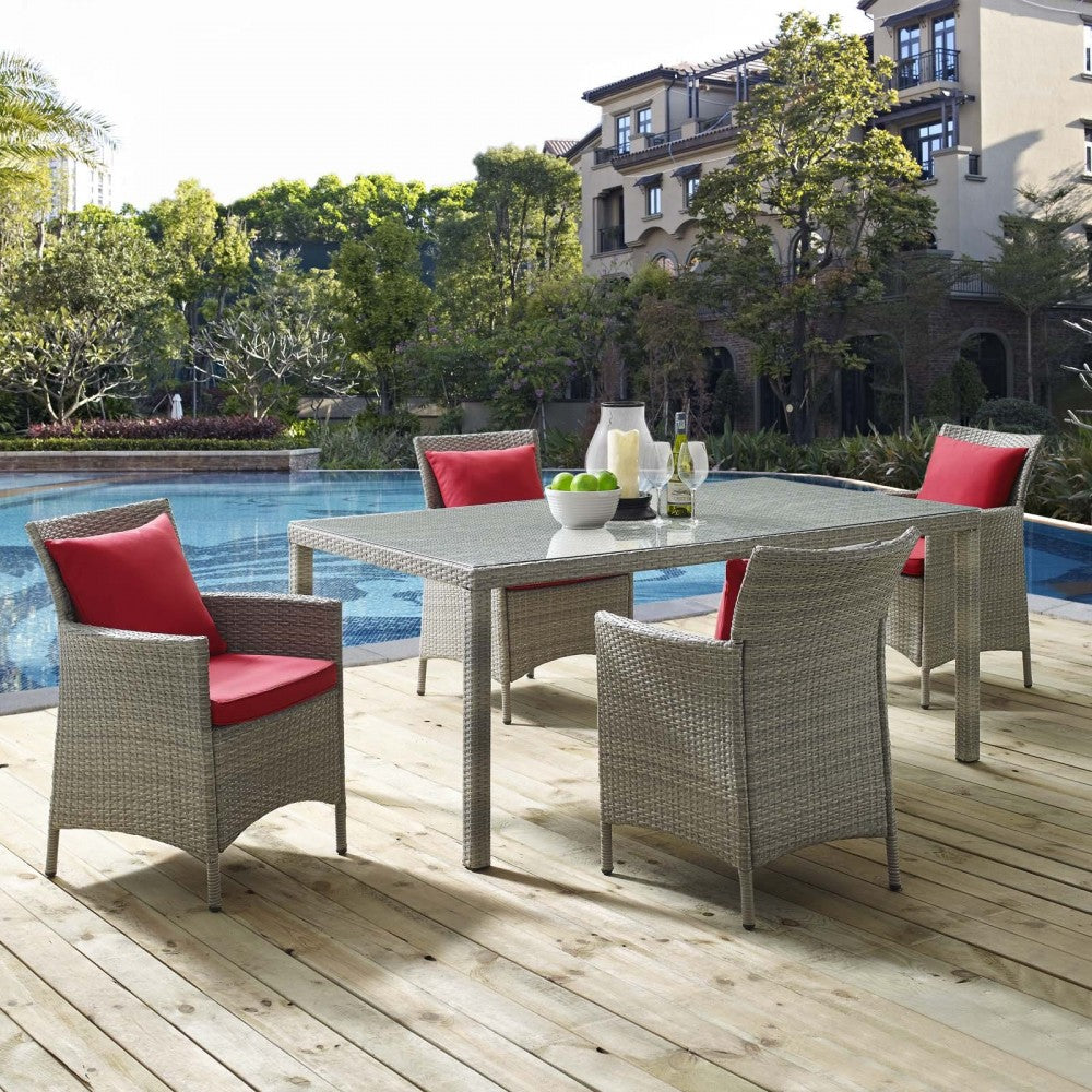 Conduit 5 Piece Outdoor Patio Wicker Rattan Dining Set, Light Gray Red