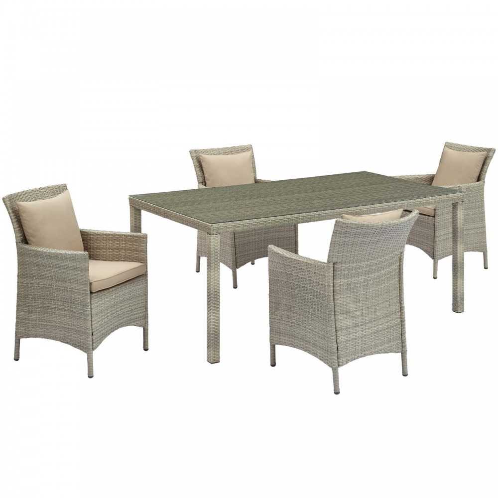 Conduit 5 Piece Outdoor Patio Wicker Rattan Dining Set, Light Gray Beige