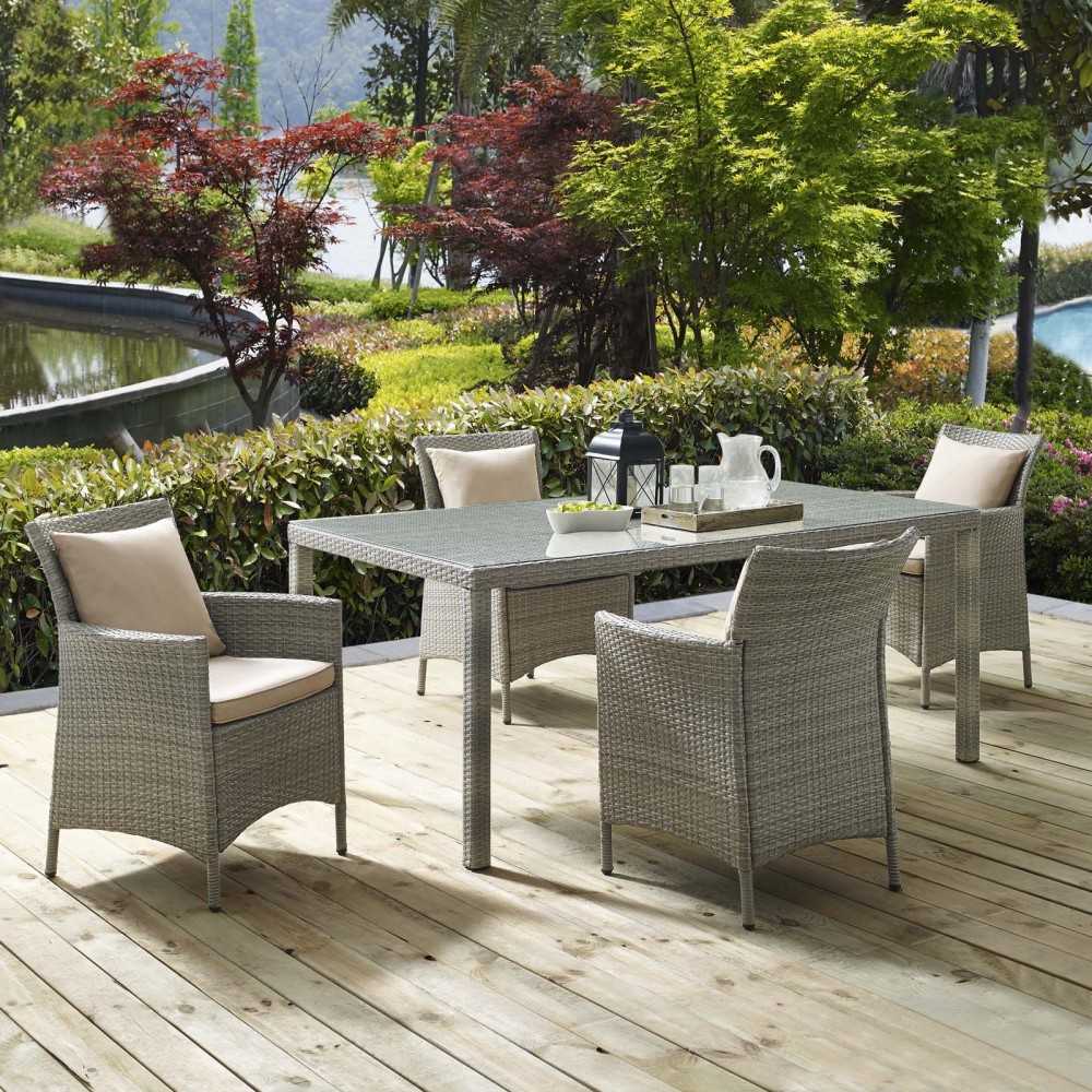 Conduit 5 Piece Outdoor Patio Wicker Rattan Dining Set, Light Gray Beige