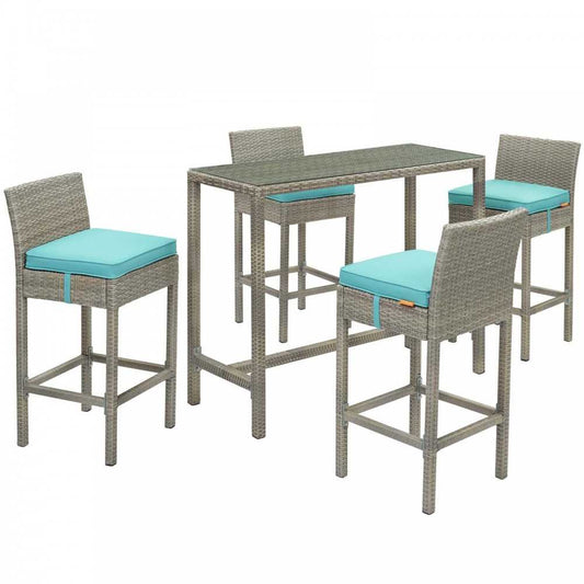 Conduit 5 Piece Outdoor Patio Wicker Rattan Set, Light Gray Turquoise