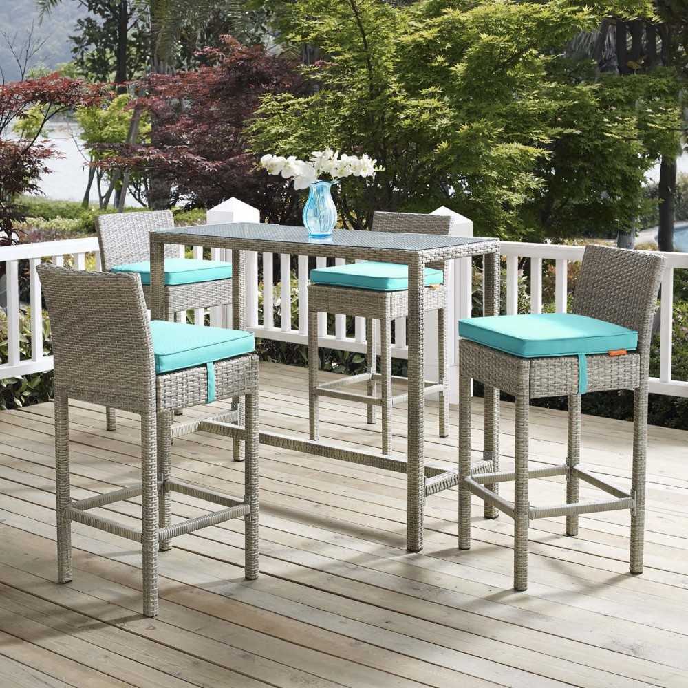 Conduit 5 Piece Outdoor Patio Wicker Rattan Set, Light Gray Turquoise