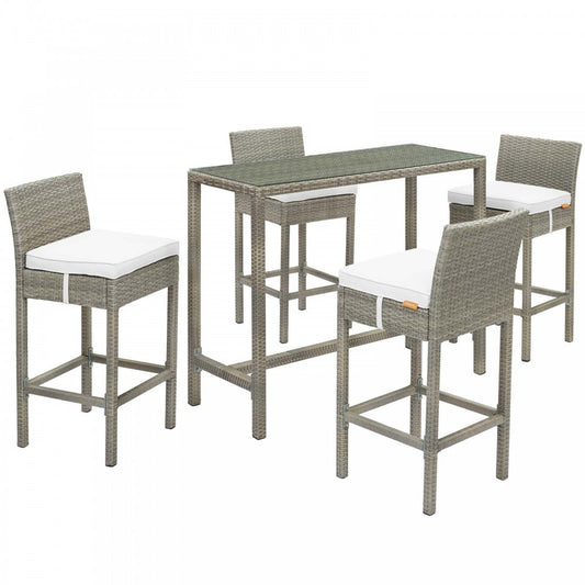 Conduit 5 Piece Outdoor Patio Wicker Rattan Set, Light Gray White