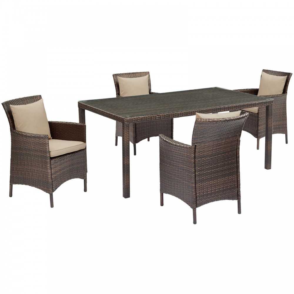 Conduit 5 Piece Outdoor Patio Wicker Rattan Set, Brown Beige, EEI-3892-BRN-BEI-SET