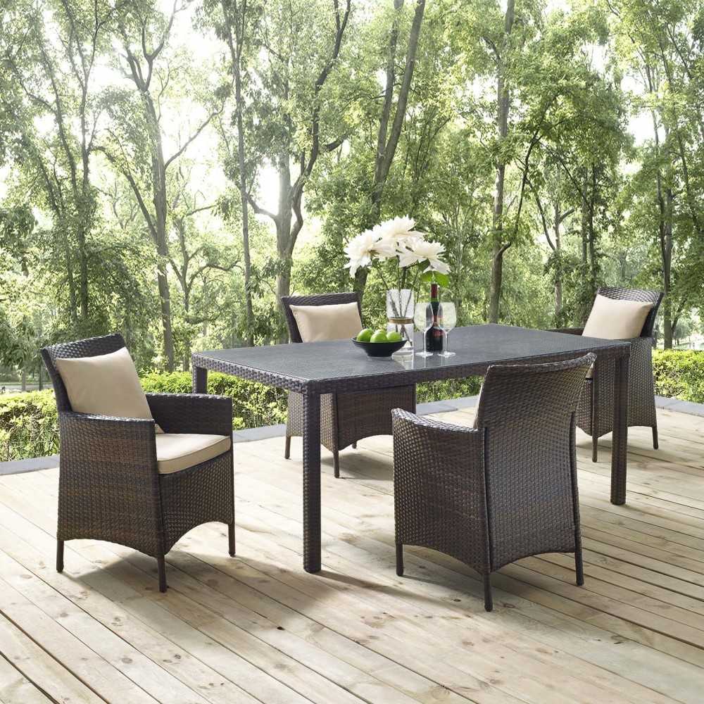 Conduit 5 Piece Outdoor Patio Wicker Rattan Set, Brown Beige, EEI-3892-BRN-BEI-SET