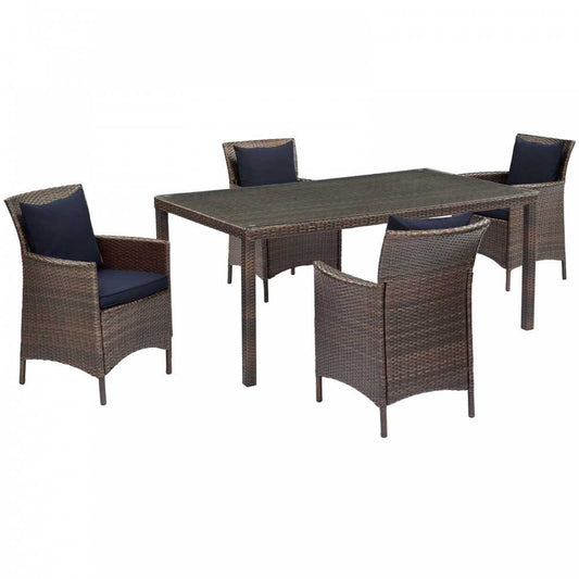 Conduit 5 Piece Outdoor Patio Wicker Rattan Set, Brown Navy, EEI-3892-BRN-NAV-SET